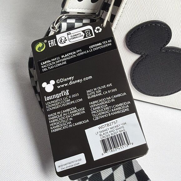 Disney Loungefly Mickey Mouse Black White Crossbody Bag Checker Strap NWT - Picture 5 of 16